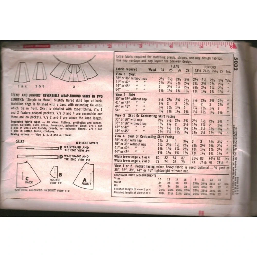 Vintage Simplicity 5032 Reversible Wrap Around Skirt Sewing Pattern Junior 27
